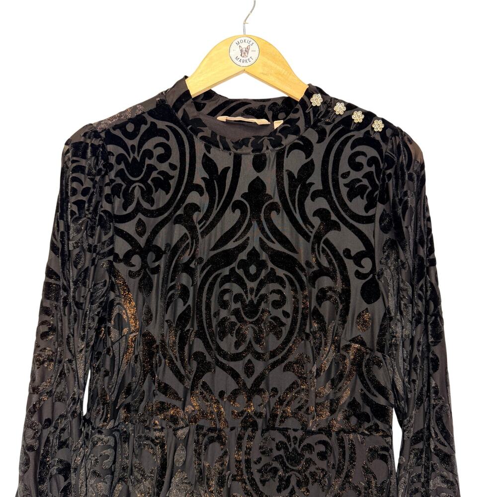 SOFT SURROUNDINGS Hadley Velvet Burn Out Dress Black Sz 14P Rhinestone Buttons